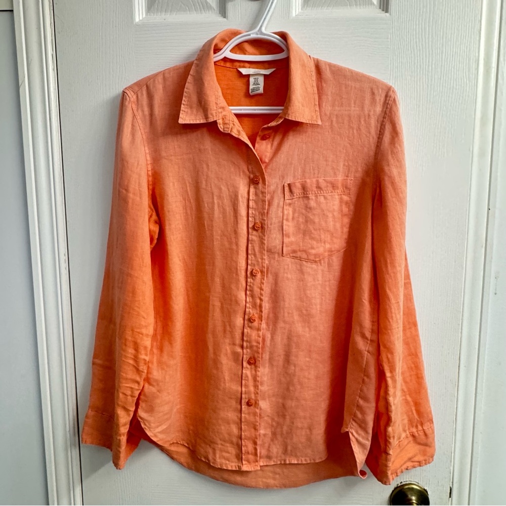 H&M Coral Peach Linen Button-Down Blouse XS Long Sleeve Coastal Quiet Luxury